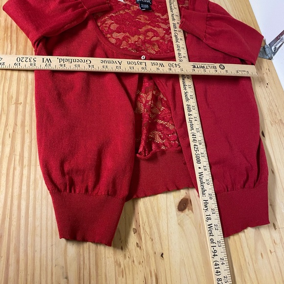 Wet Seal Red cardigan with lace back and top faux diamond / crystal button. - Picture 3 of 8